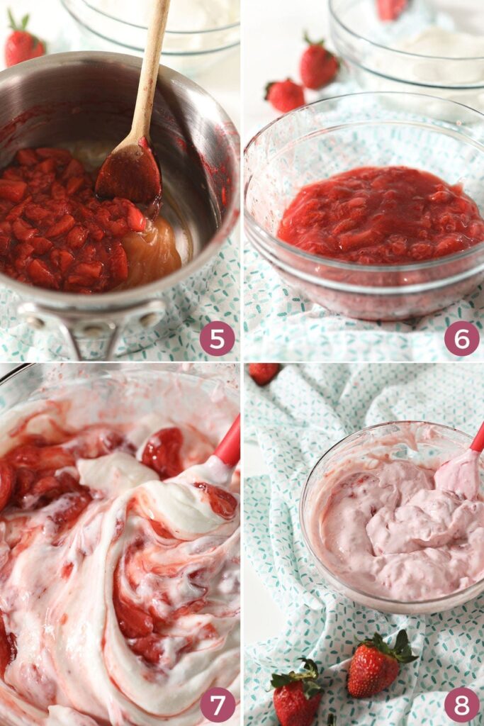 Collage of four images showing how to mix strawberry pudding in a bowl once the strawberries are cooked