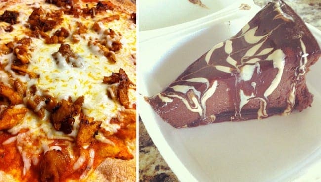 Collage of images showing close up of pizza and slice of cheesecake in container 