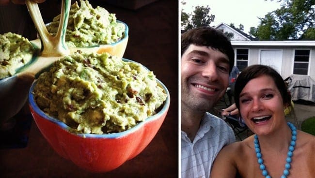 Collage of two images showing bowls of guacamole and man and women smiling 