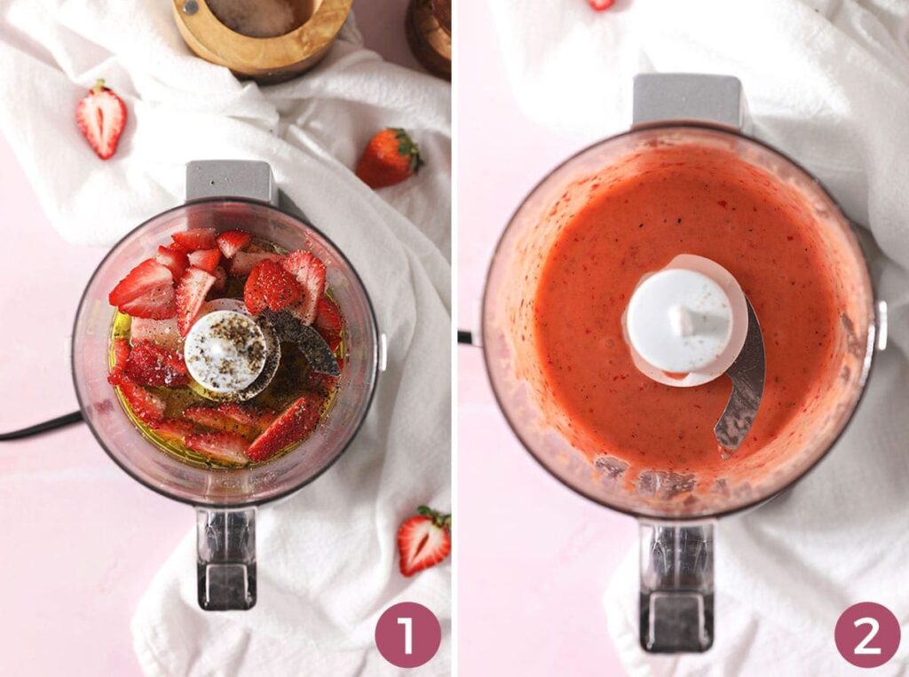 Collage of two images showing the before and after the vinaigrette is blended