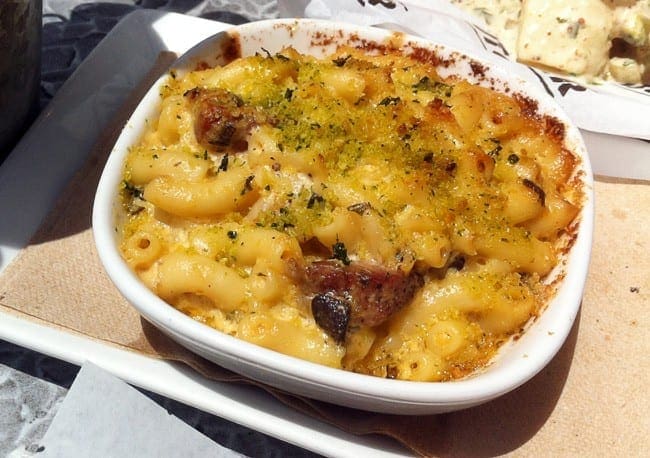 Overhead close up of macaroni and cheese in casserole dish 