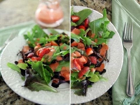A collage of two images showing a fresh green salad topped with Strawberry Vinaigrette from the side and above