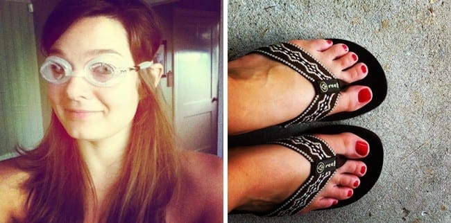 Two images with woman wearing goggles and a woman\'s feet in sandals 