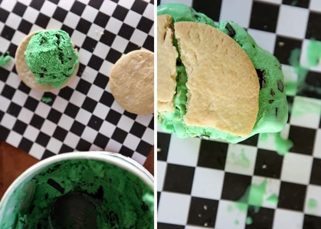 Collage of two overhead images of mint chocolate chip ice cream sandwiches 