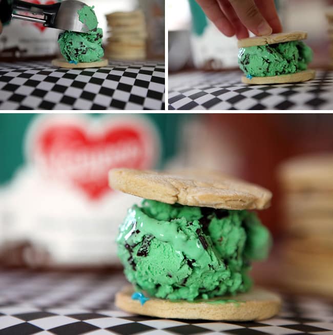 Collage of three images showing the scooping of mint ice cream onto cookie 