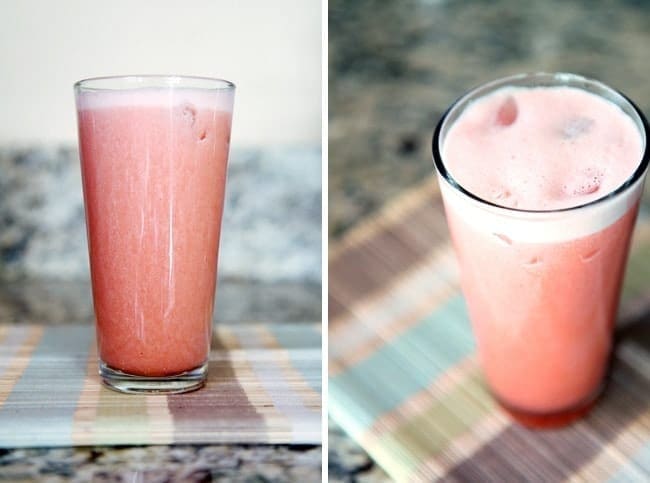 Images of two different views showing glass of strawberry pineapple agua fresca 