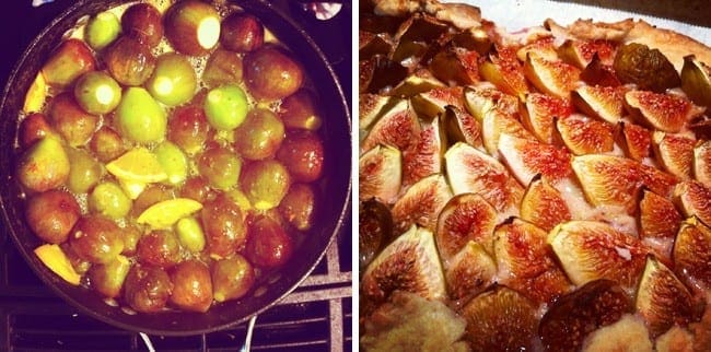 Collage of two images showing figs in a pot and baked, sliced figs 