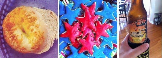 Collage of three images showing a biscuit, star shaped cookies and bottle of beer 