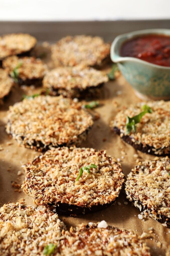 A sheet pan of Crispy Baked Eggplant Slices