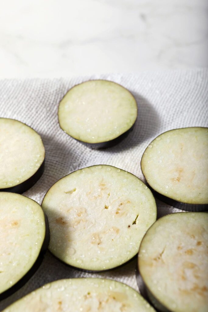 Eggplant on a paper towel with moisture on top