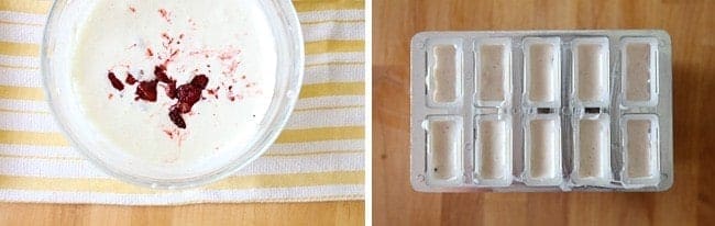 Collage, featuring a bowl of the popsicle base mixture and the popsicles in the molds for Roasted Strawberry Cheesecake Popsicles