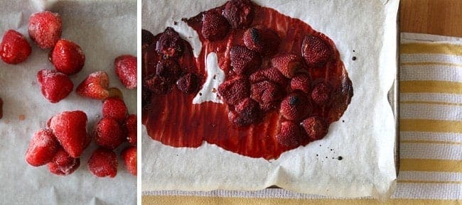 Collage of strawberries before and after roasting for the Roasted Strawberry Cheesecake Popicles