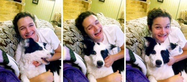 Collage of images showing woman smiling with dog 