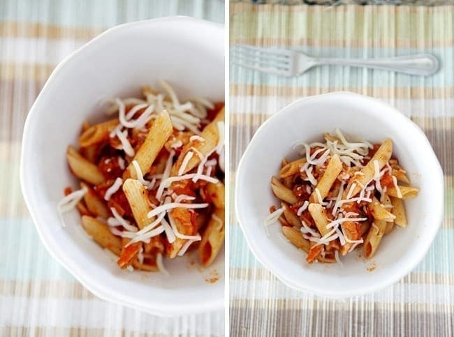 Collage of a two images of penne arrabbiata in white bowl 