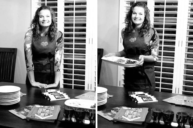 Collage of woman posing in front of dinner table 