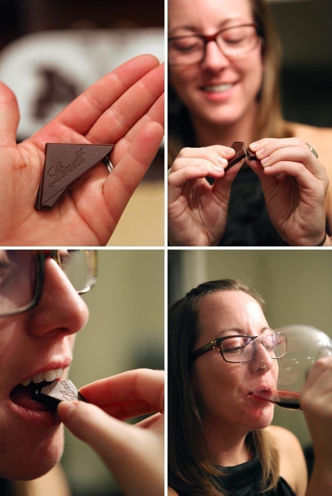 Collage of four images showing people eating chocolate and drinking wine 