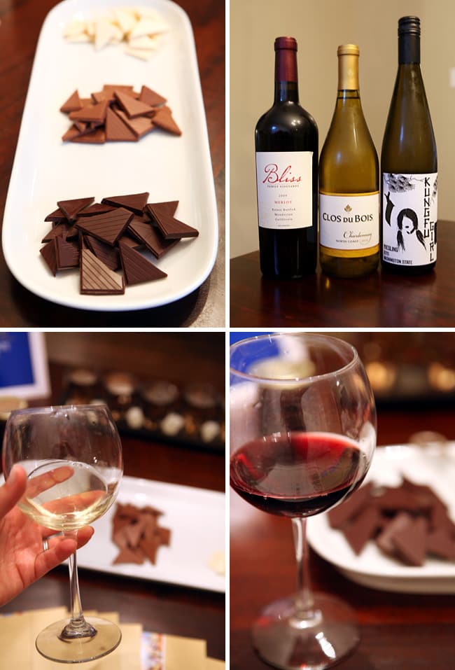 Collage of four images showing chocolates on a white platter and wine 