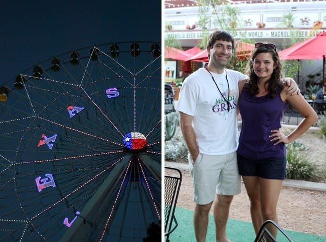 Collage of two images of man and woman posing for camera and Ferris Wheel