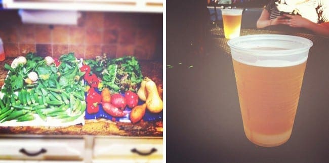 Collage of images showing fresh vegetables drying on towel and cups of beer 