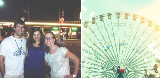 A collage of two images of people posing for picture and a ferris wheel 