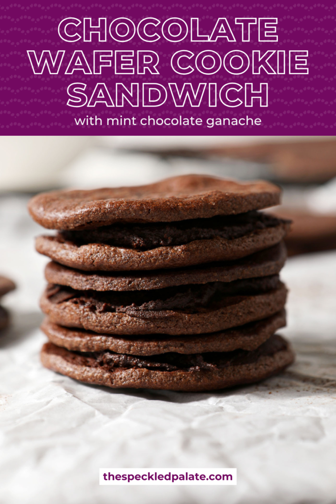 Three chocolate sandwich cookies with a ganache filling stacked on top of each other on crinkled parchment paper with the text chocolate wafer cookie sandwich with mint chocolate ganache