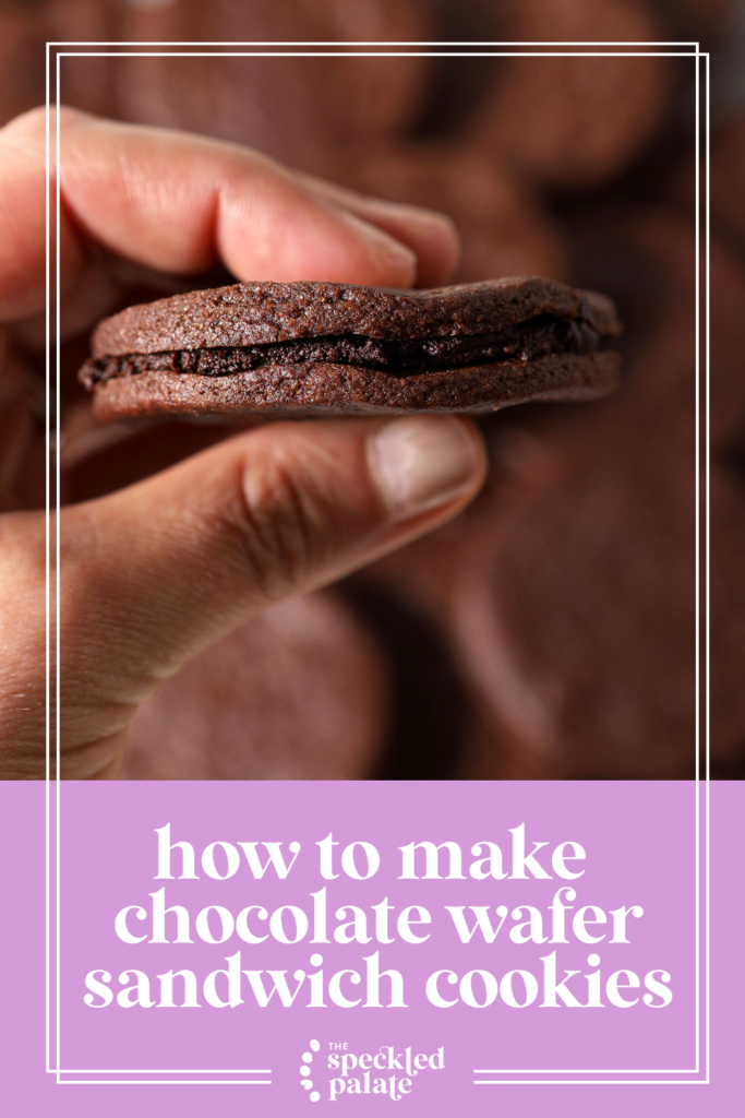 A hand holds a chocolate sandwich cookie with mint chocolate ganache over a pan of more cookies with the text how to make chocolate wafer sandwich cookies