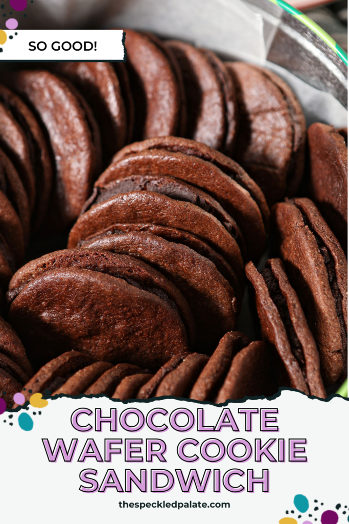 Cocoa Wafer Sandwich Cookies with Mint Chocolate Ganache in a cookie tin with the text chocolate wafer cookie sandwich