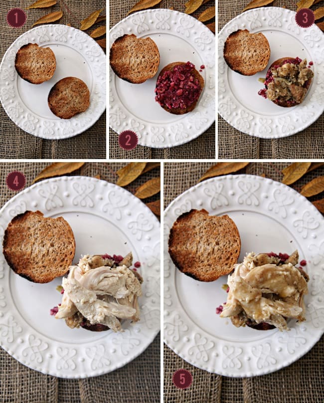 A collage of five images showing how to layer a Holiday Leftover sandwich on bread from above