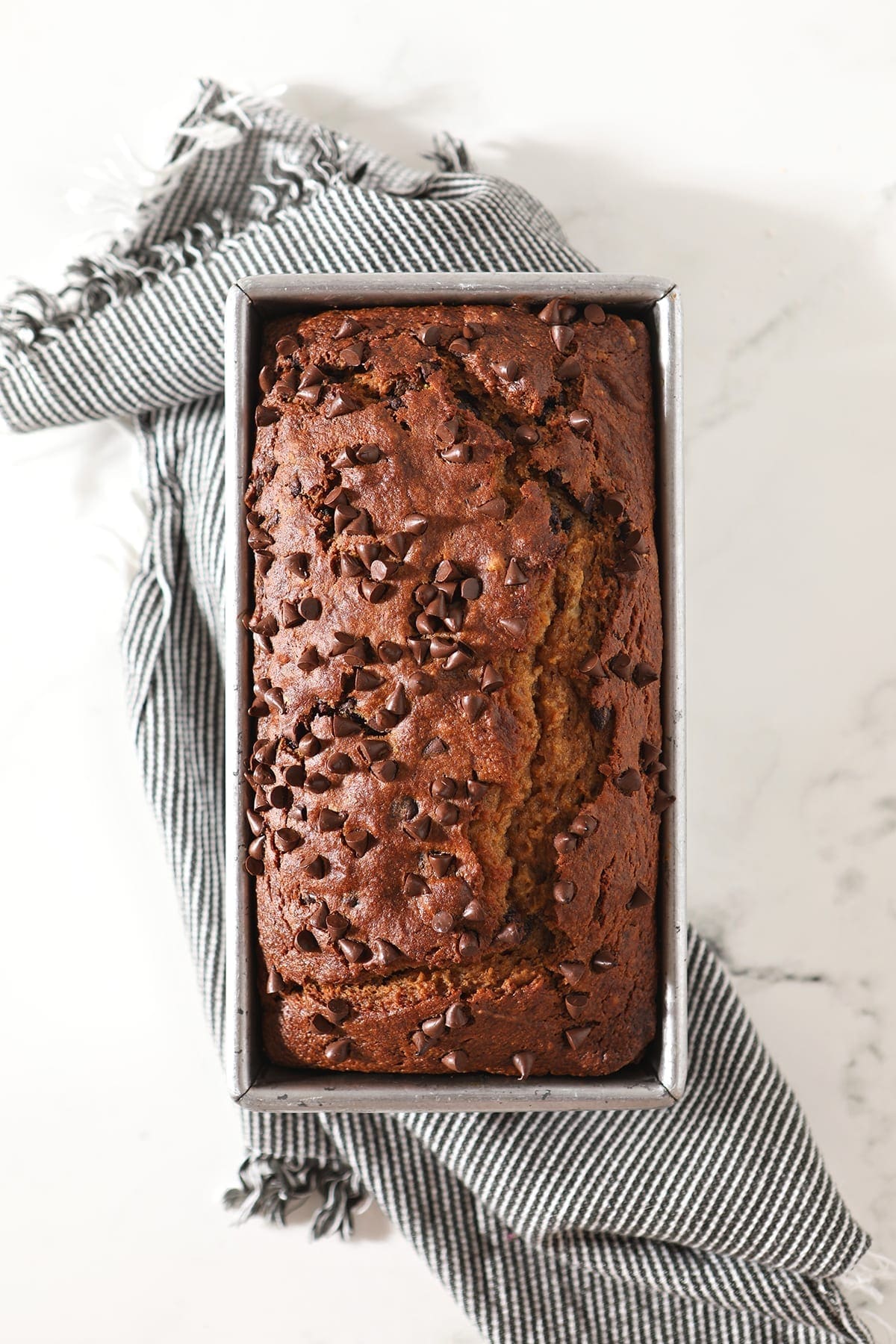 chocolate chip pumpkin bread in a baking dish