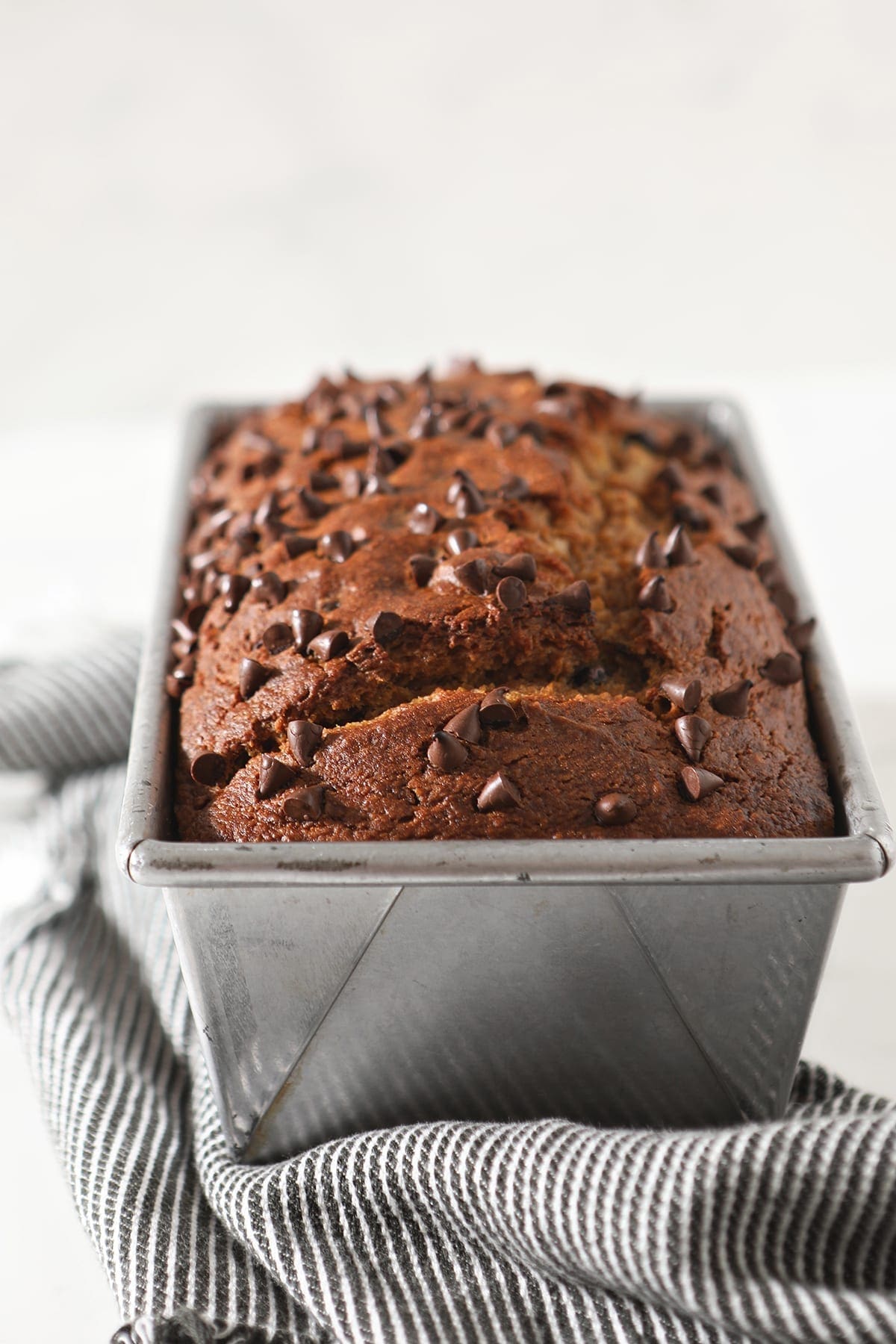 Close up of a loaf of pumpkin bread in a metal pan topped with chocolate chips