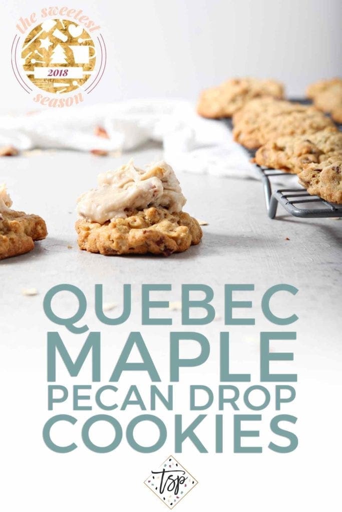 Pinterest graphic for Quebec Maple Pecan Drop Cookies, featuring an iced cookie sitting next to a cooling rack holding several uniced ones