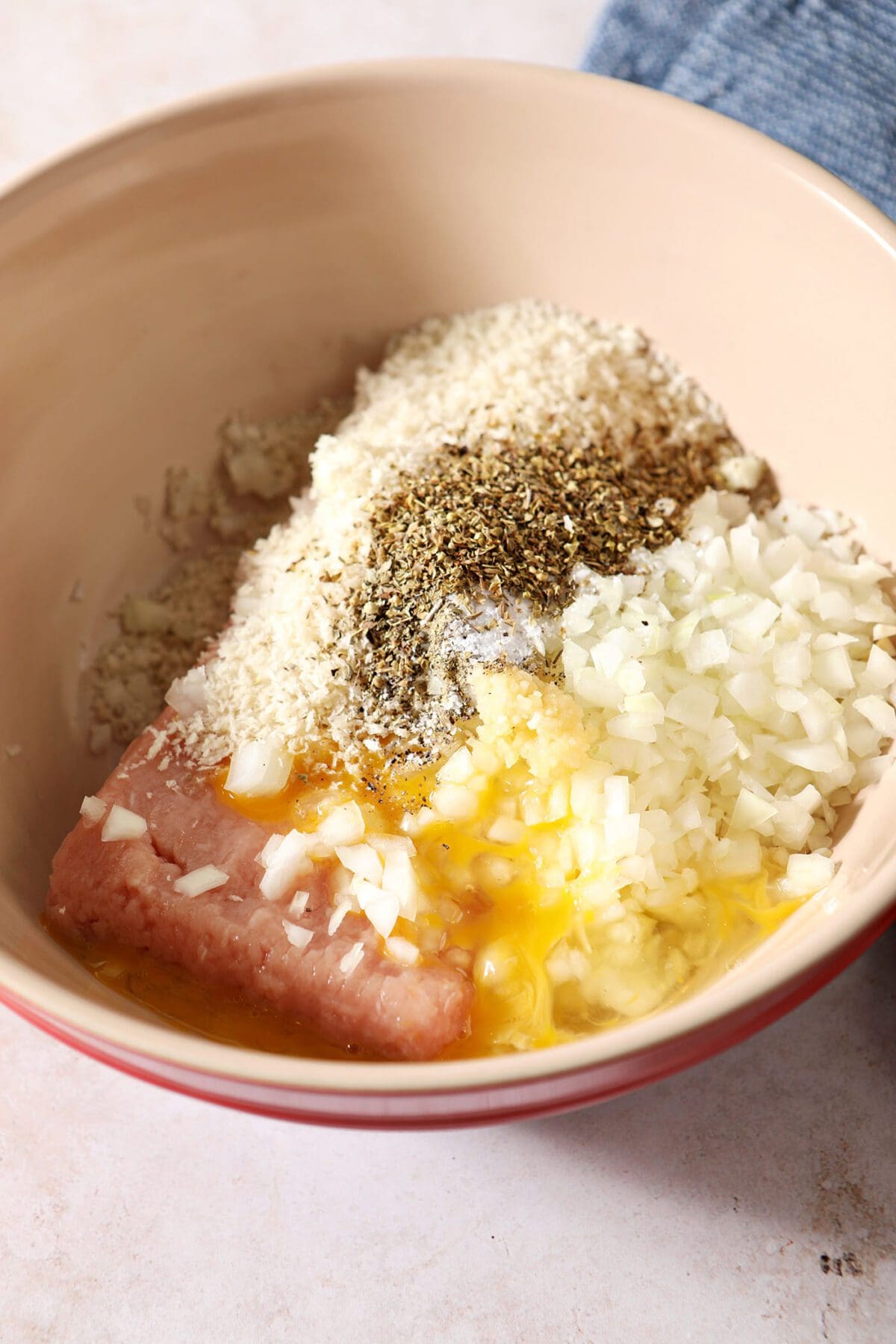 Ingredients to make turkey meatballs before mixing