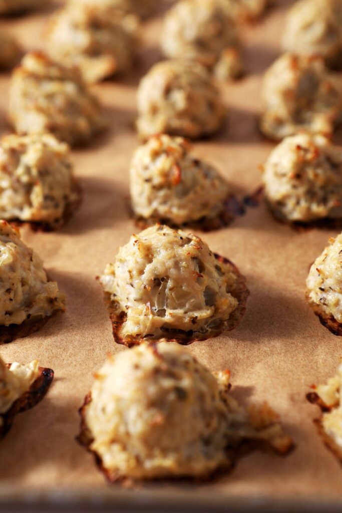 Baked turkey meatballs on a baking sheet