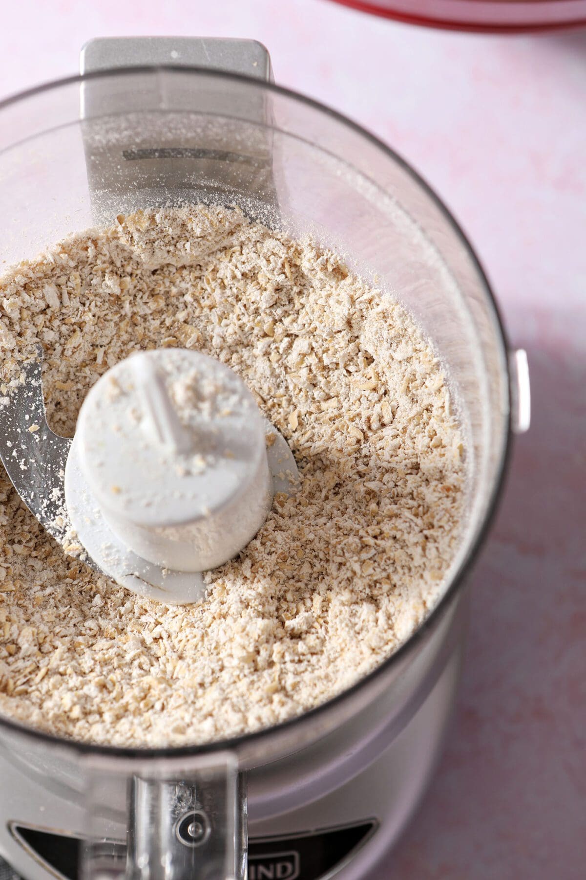 Oat flour in a food processor after blending