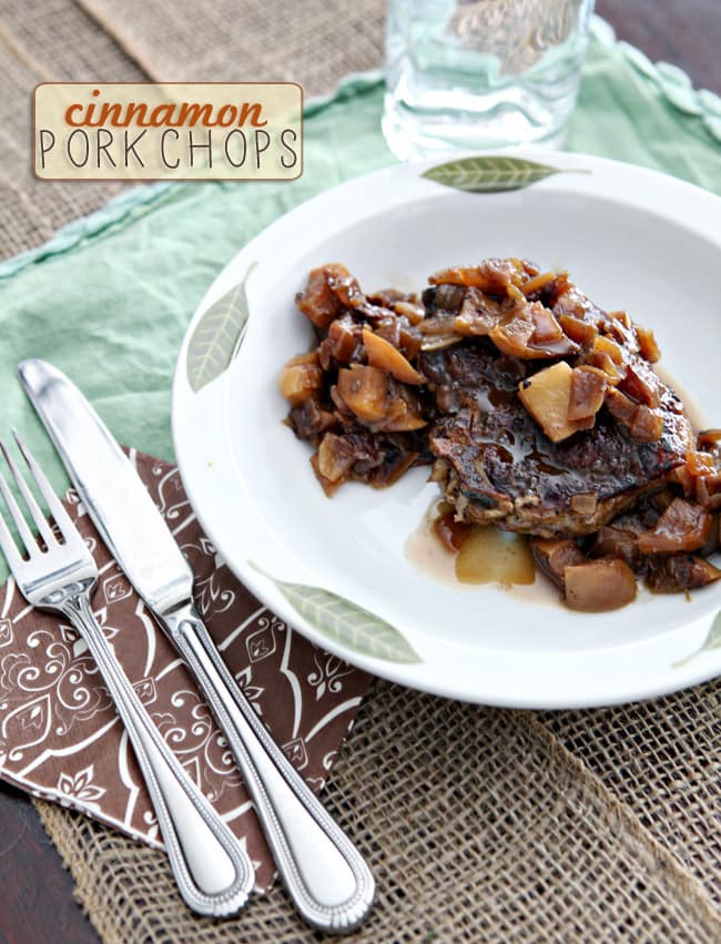 A serving of Cinnamon Pork Chop is shown in a bowl on a tablescape