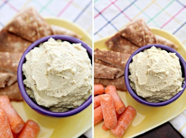 Collage of two images showing hummus in a purple bowl from above and served with carrots and pita strips