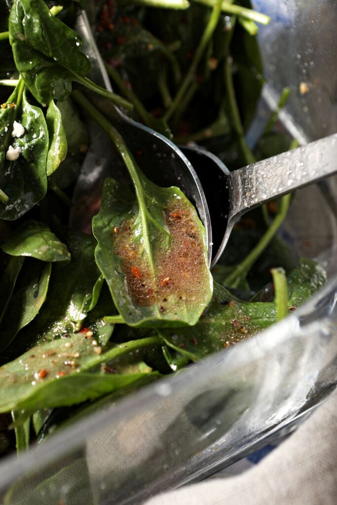 Red wine vinaigrette sits on leafs of spinach in a salad bowl