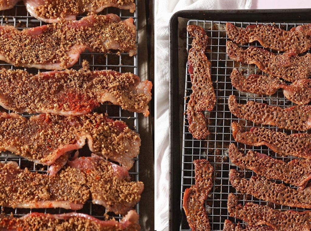 A collage of two images showing Praline Bacon on a baking sheet, before and after cooking