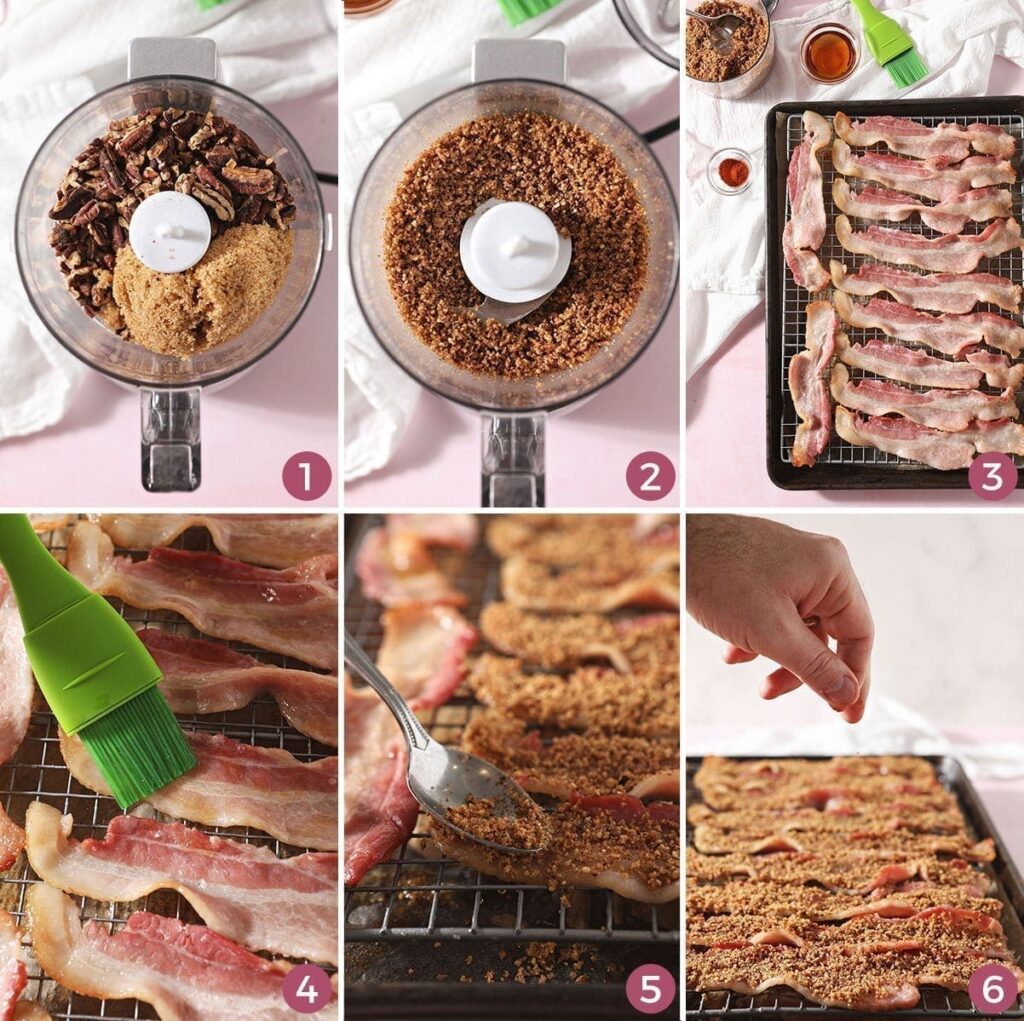 A collage of six images showing the steps of how to make candied bacon