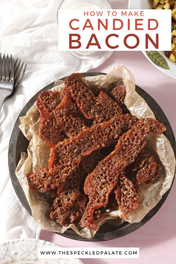 Candied Bacon in a metal serving container next to a bowl of home fries and a glass of milk with the text 'how to make candied bacon'