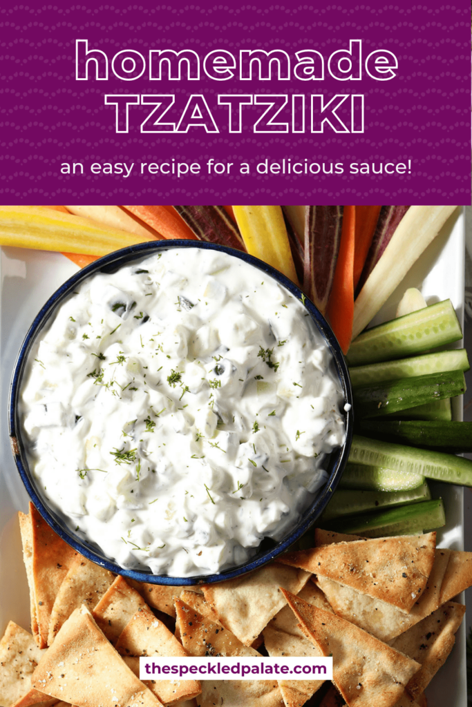 Close up of a bowl of tzatziki sauce surrounded by carrot slivers and pita chips with the text homemade tzatziki an easy recipe for a delicious sauce!