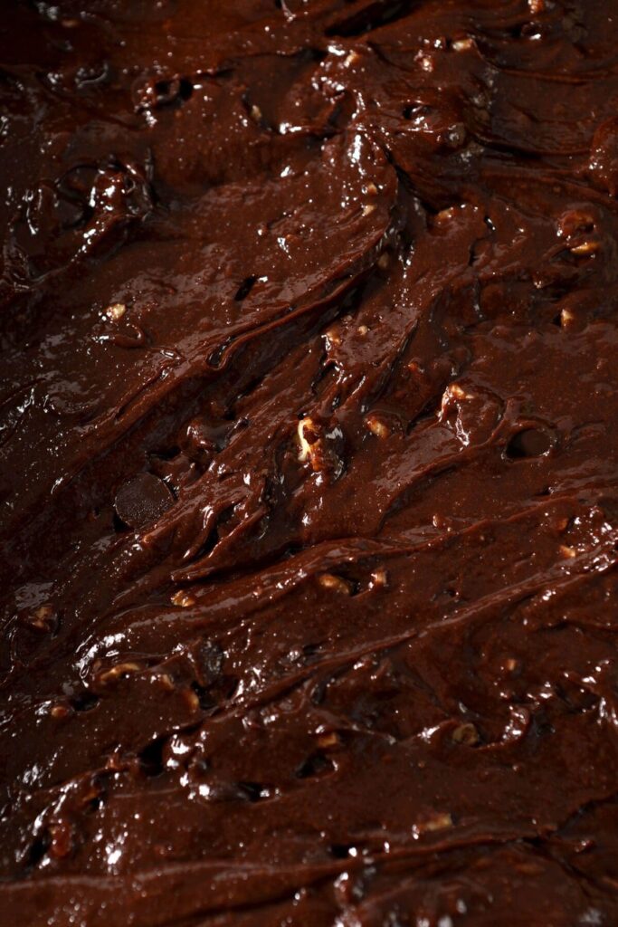 Brownie batter in a pan before baking