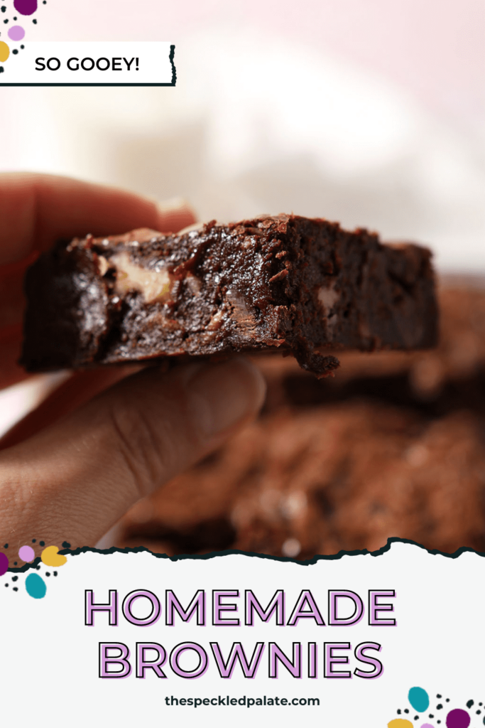 A hand holds a brownie over a plate with the text homemade brownies