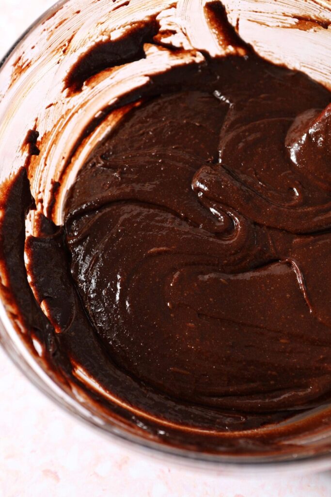 Close up of brownie batter in a bowl