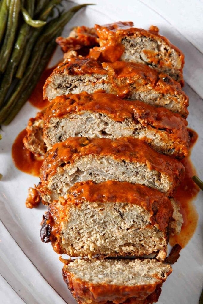 Overhead image of sliced Slow Cooker Turkey Meatloaf