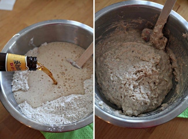 Collage of two images of beer mixing into bread batter 