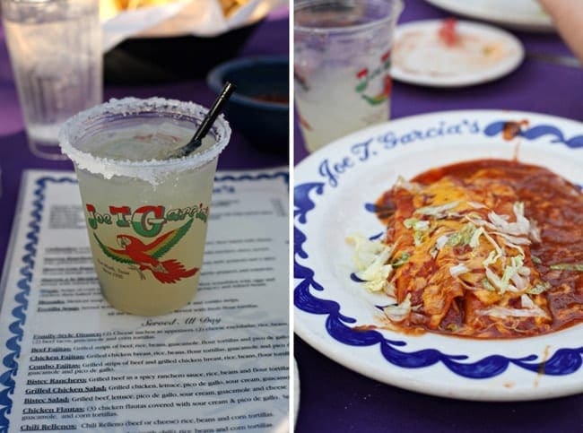 Collage of two images showing a beverage and a plate of food 