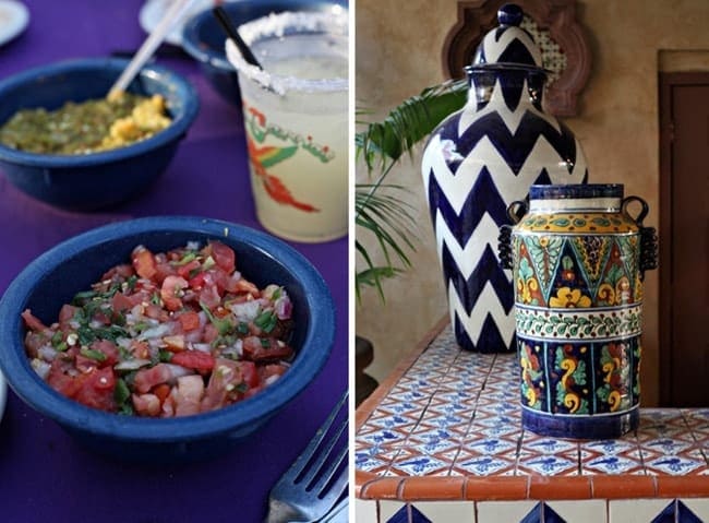 Collage of two images showing bowl of salsa and decorative vases 