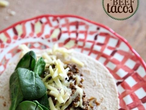 A flour tortilla with ground beef, white cheese and spinach sits on a red patterned plate