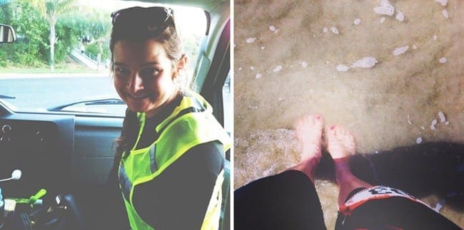 A collage of a woman in the front seat of a car wearing a yellow safety vest smiles and a woman's legs in the ocean